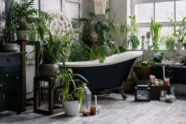 Bohemian bathroom with lots of potted greenery