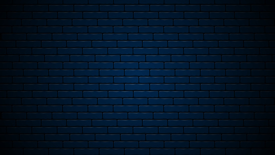 Dark blue nightly realistic brick wall. Navy blue brick background design. Vector illustration.