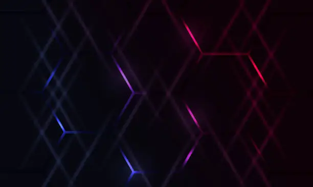 Vector illustration of Dark hexagonal gaming abstract background with blue and pink colored bright flashes.