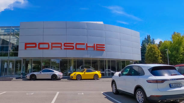 Kyiv, Ukraine - July 29, 2020: Porsche automobile dealership exterior. Porsche Automobile Holding is a German holding company with investments in the automotive industry.