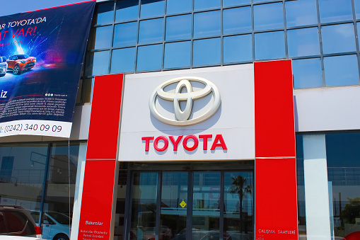 Antalya, Turkey - May 11, 2021: The Toyota salon or shop at Kemer, Antalya, Turkey on May 11, 2021