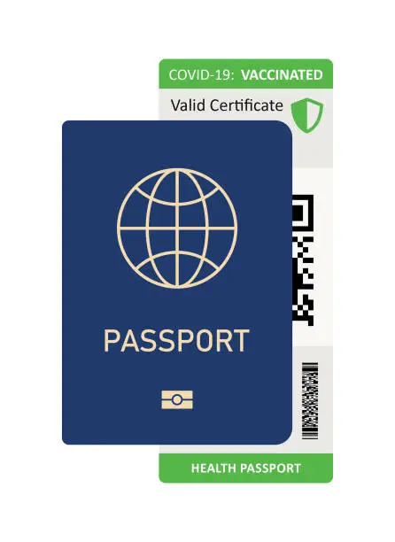 Vector illustration of Passport and Health Certificate. Biometric Identification Document. Covid-19 Vaccinated. Vector Illustration