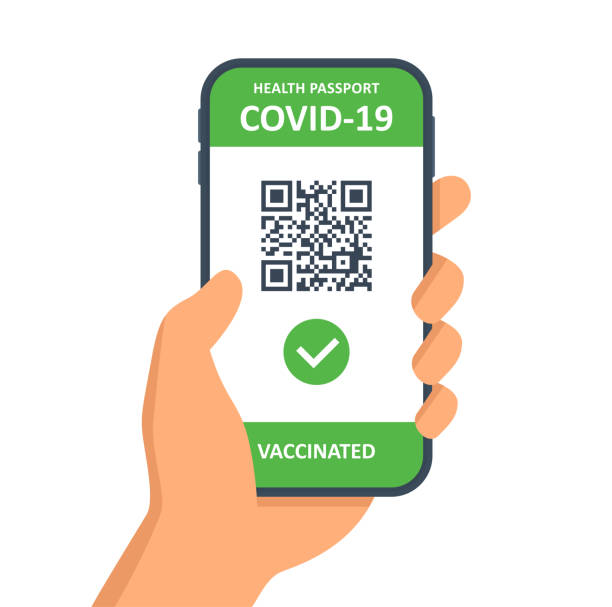 illustrations, cliparts, dessins animés et icônes de certificat de passeport santé immunitaire dans smartphone. document de vaccination contre le covid-19. illustration vectorielle - bar code biometrics people one person