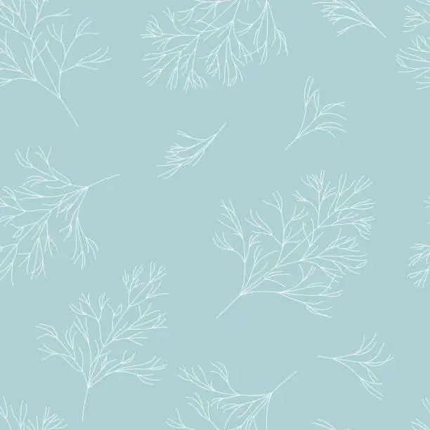 Vector illustration of Seamless pattern with sprigs of dill. White twigs on blue background. Simple botanical vector illustration with nature elements. Printing on textiles, bedding, wrapping paper, packaging.