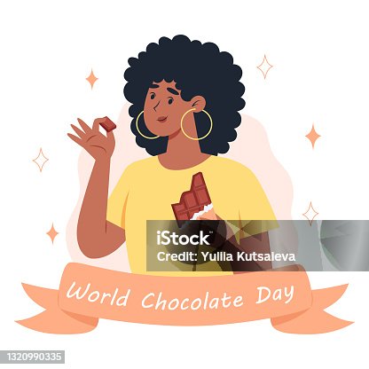 istock World chocolate day, a young woman eating a bar of chocolate 1320990335