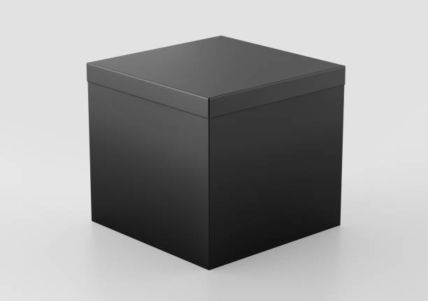 istock Black Square Box Mockup, Dark shoe box Cardboard Container, 3d rendering isolated on light background 1320990561