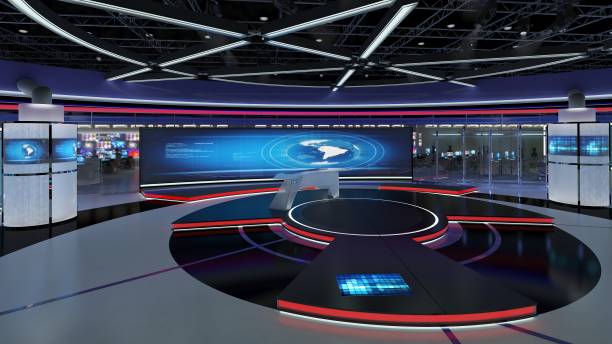 istock Virtual TV Studio News Set 31. Green screen background. 3d Rendering. 1320991857