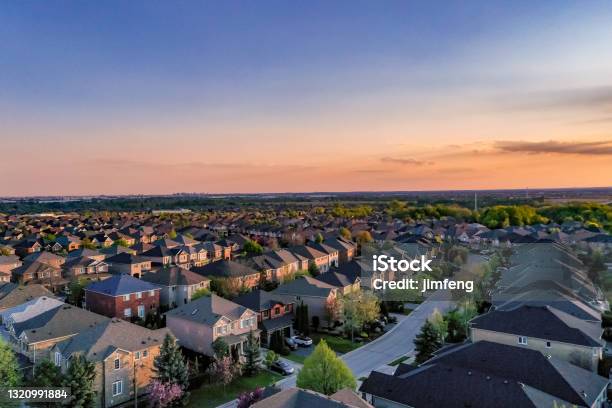 Aerial View Of Residential Distratic At Major Mackenzie Dr And Islinton Ave Detached And Duplex House At Woodbridge And Kleinburg Vaughan Canada Stock Photo - Download Image Now
