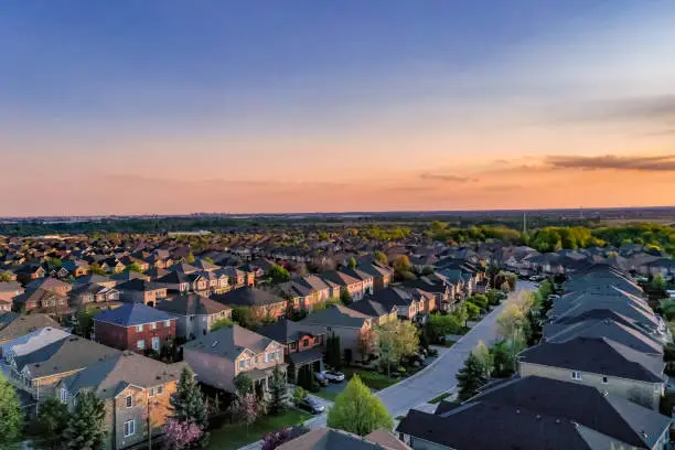 Photo of Aerial view of Residential Distratic at Major MacKenzie Dr. and Islinton Ave., detached and duplex house at Woodbridge and Kleinburg, Vaughan, Canada