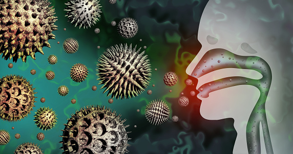 Pollen allergy symptoms and human seasonal allergies or hay fever allergic reaction as a medical concept with a group of microscopic organic pollination particles in the air as a respiratory health care symbol as a 3D illustration.