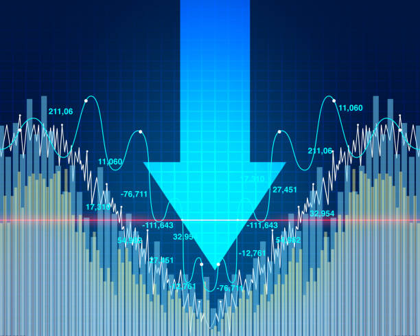 Stock Market Dip Stock market dip and economy decline or economic fear and financial equity selling as a downward arrow representing business recession in a 3D illustration style. recession stock pictures, royalty-free photos & images