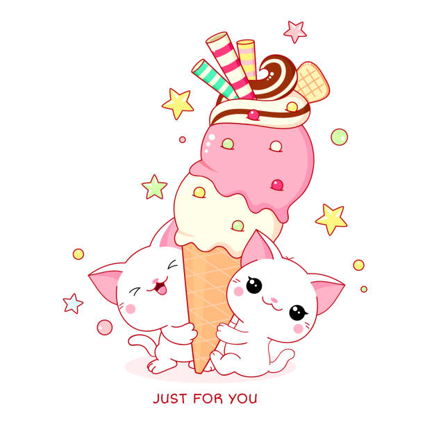 Cute yummy card in kawaii style. Two lovely cats with ice cream Cute yummy card in kawaii style. Two lovely white cats with ice cream. Inscription So sweet. Vector illustration EPS8 kawaii cat stock illustrations