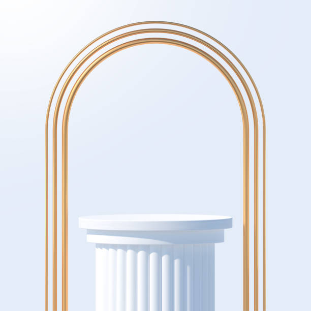 istock White podium like a classic column for product presentation. Podium stage with golden arches. Minimal scene with podium, Vector illustration. 1320997002
