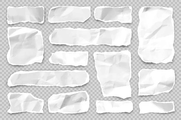 Ripped paper strips on transparent background. Realistic crumpled paper scraps with torn edges. Shreds of notebook pages. Vector illustration Ripped paper strips on transparent background. Realistic crumpled paper scraps with torn edges. Shreds of notebook pages. Vector illustration scrap metal stock illustrations