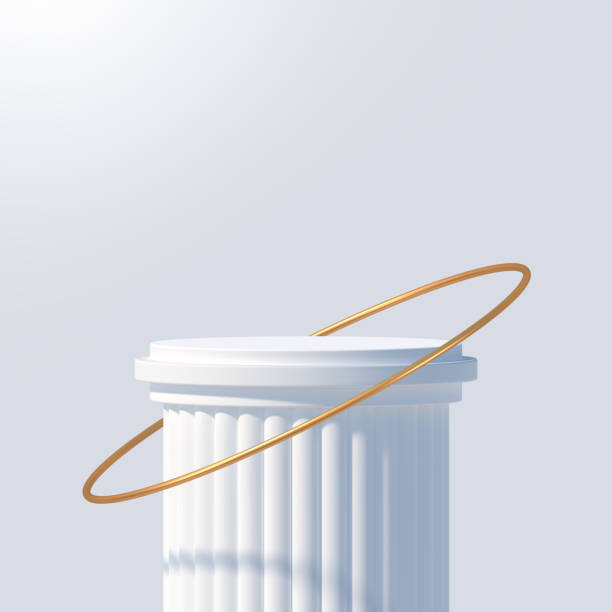 istock White podium like a classic column for product presentation. Podium stage with golden ring. Minimal scene with podium, Vector illustration. 1320997148