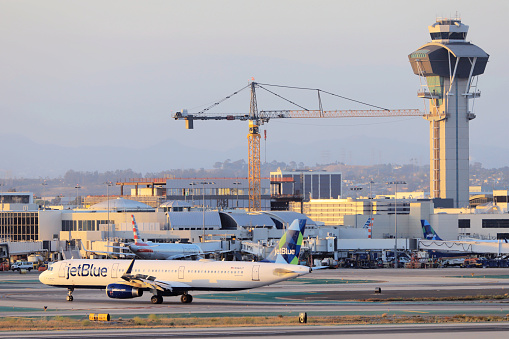 Los Angeles, California, USA - May 29, 2021: jetBlue Airbus A321 Aircraft at Los Angeles International Airport LAX.