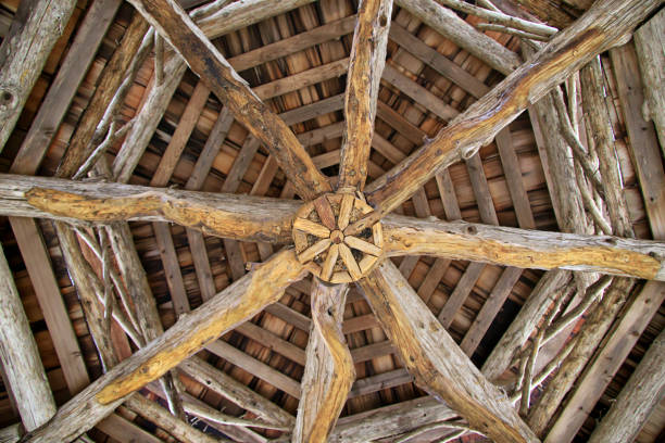 istock Wooden beams making pattern on the ceiling of a hut 1321003266