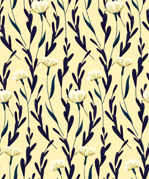 ilustrações de stock, clip art, desenhos animados e ícones de seamless pattern with white poppy-like flowers on thin stems. vector illustration. - stem poppy fragility flower