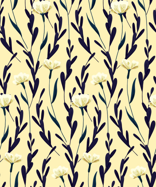бесшовный узор с белыми маковыми цветами на тонких стеблях. векторная иллюстрация. - stem poppy fragility flower stock illustrations