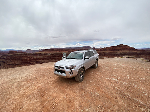 Moab, Utah - May 10, 2021: Toyota 4Runner overlanding on at Thelma and Louise point on Potash Road near Moab, Utah.
