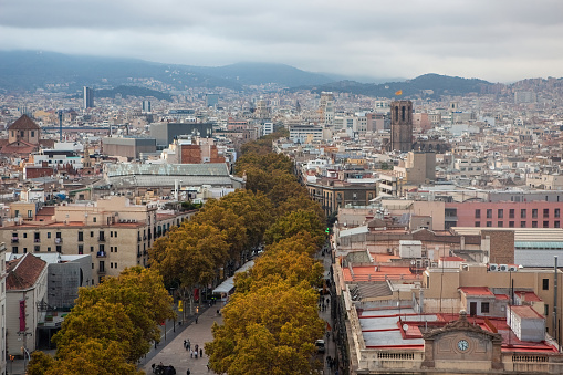 Barcelona, Spain - October 26, 2015: Aerial view of La Rambla promenade from Christopher Columbus monument, with quarters of El Raval to the left and Barri Gotic to the right.