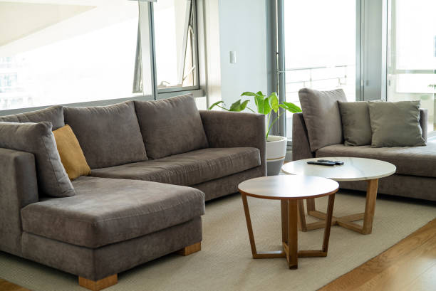 Modern living room with grey sofas and nordic coffee tables during daytime