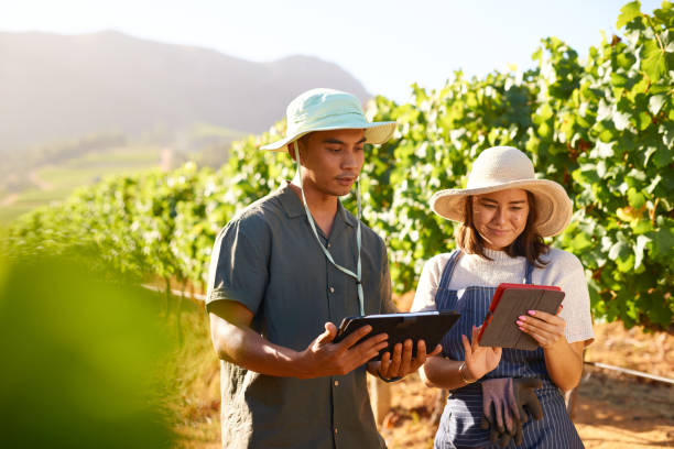 istock Shot of two farmers using digital tablets while out in their vineyard 1321007749