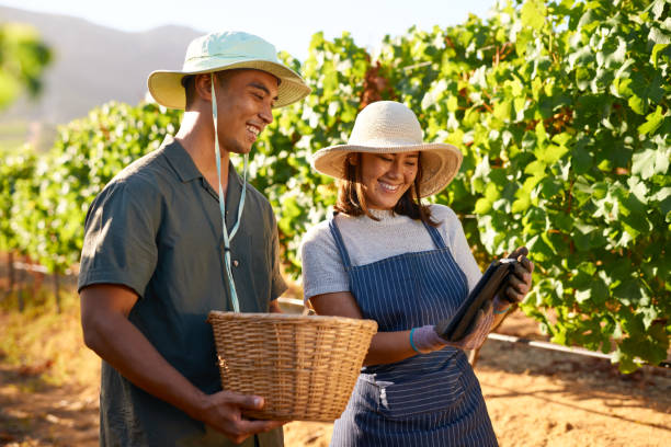 istock Shot of two farmers using a digital tablet while out in their vineyard 1321007786