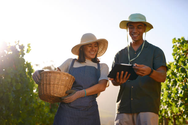 istock Shot of two farmers using a digital tablet while out in their vineyard 1321008032