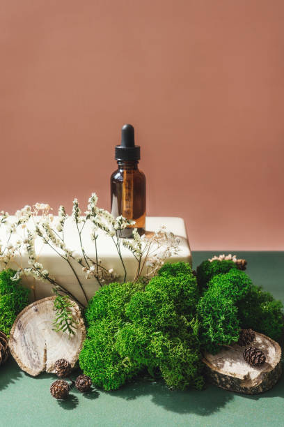 Blank glass amber bottle with face serum.