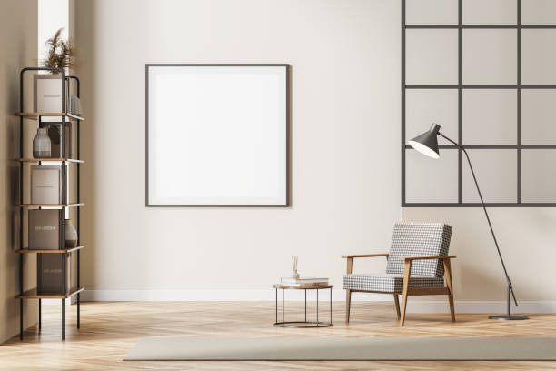 istock Beige living room interior with armchair, square mock up 1321008873