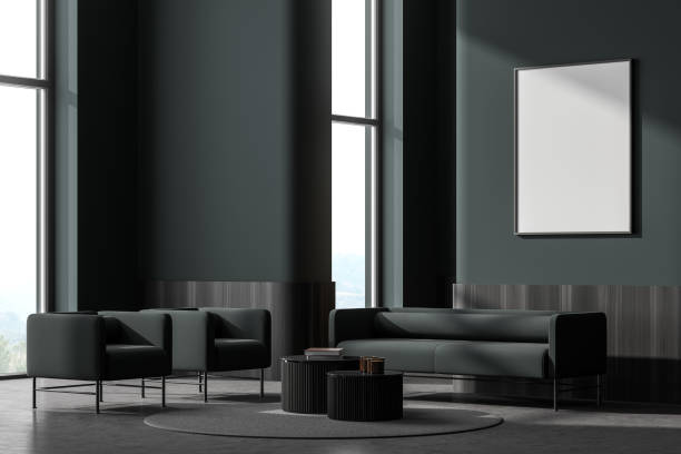 istock Dark living room interior with white poster and panoramic windows 1321009219
