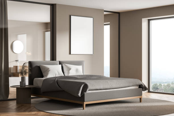 istock Modern cozy bedroom interior with empty white poster 1321009494