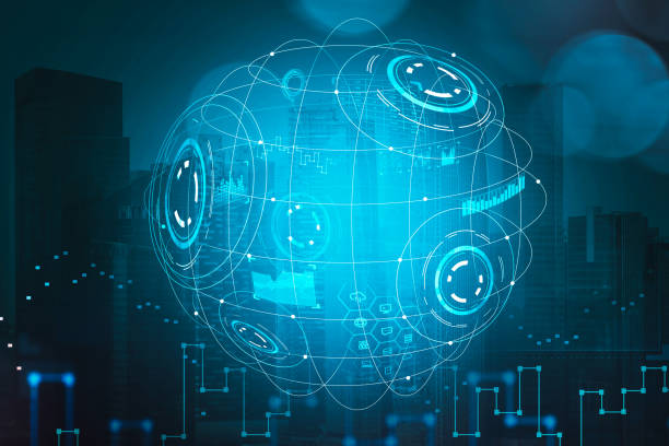 Digital blue hologram with globe and network icons and candlesticks