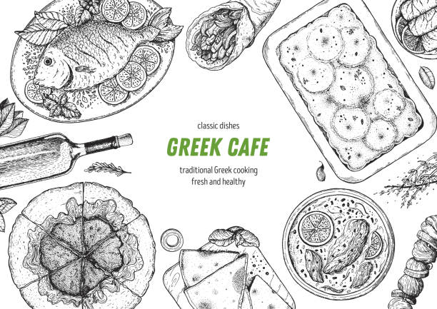 Greek cuisine top view frame. A set of greek dishes with spanakopita, pita, avgolemono soup, moussaka, fish . Food menu design template. Vintage hand drawn sketch vector illustration. Engraved image. Greek cuisine top view frame. A set of greek dishes with spanakopita, pita, avgolemono soup, moussaka, fish . Food menu design template. Vintage hand drawn sketch vector illustration. Engraved image greek pita stock illustrations