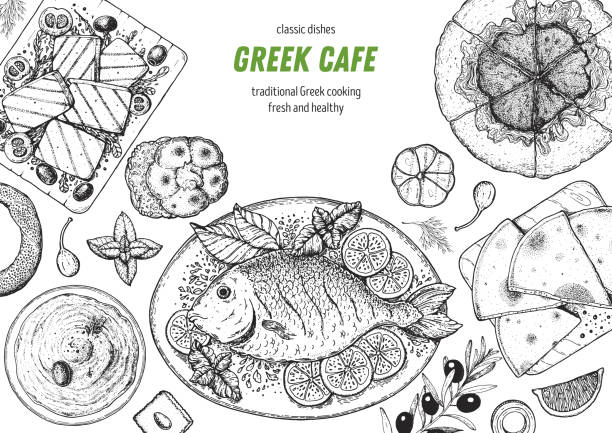 Greek cuisine top view frame. A set of greek dishes with halloumi, taramosalata, pita, spanakopita, gemista . Food menu design template. Vintage hand drawn sketch vector illustration. Engraved image. Greek cuisine top view frame. A set of greek dishes with halloumi, taramosalata, pita, spanakopita, gemista . Food menu design template. Vintage hand drawn sketch vector illustration. Engraved image greek pita stock illustrations