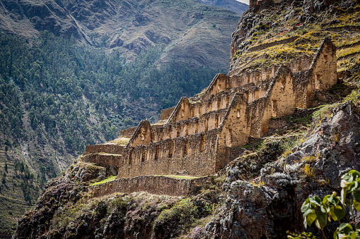 A profile shot of the ruins of Pinkuylluna, an archaeological site on a mountain of the same name. This beautiful place is located on the city of Ollantaytambo, Sacred Valley if the Incas, Cusco, Peru.