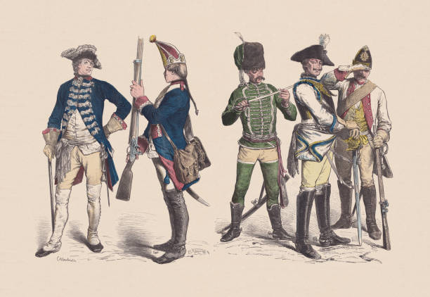 istock 18th century, Prussian military uniforms, hand-colored wood engraving, published c.1880 1321013940