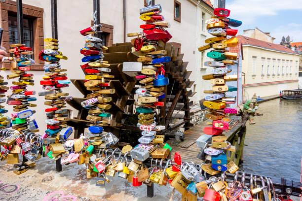 Locks on bridge over Certovka river in Prague, Czech Republic