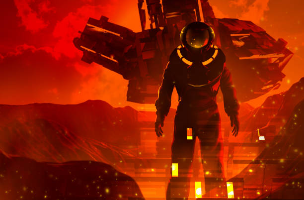astronauta en traje espacial en la superficie del planeta rojo rocoso futurista alienígena. - voyager nave espacial fotografías e imágenes de stock