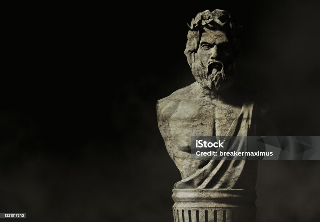 Greek male bust god on dark background with fog. 3d render illustration of greek male bust god on dark background with fog. Statue Stock Photo
