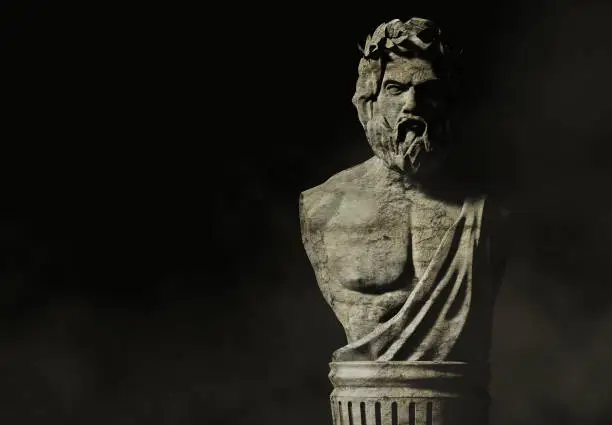 3d render illustration of greek male bust god on dark background with fog.
