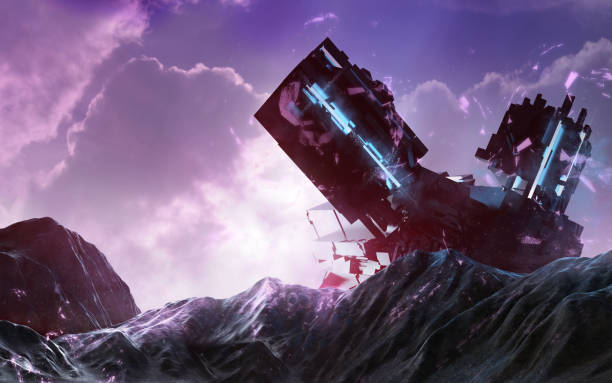 istock Futuristic spaceship aircraft landed on alien rocky planet surface. 1321017394