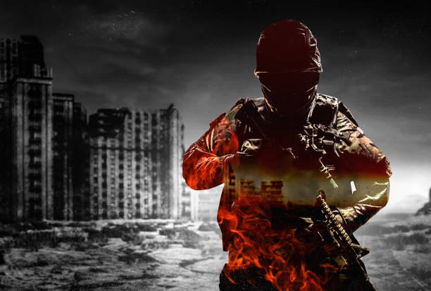 istock Double exposure soldier silhouette on dark destructed city. 1321018015