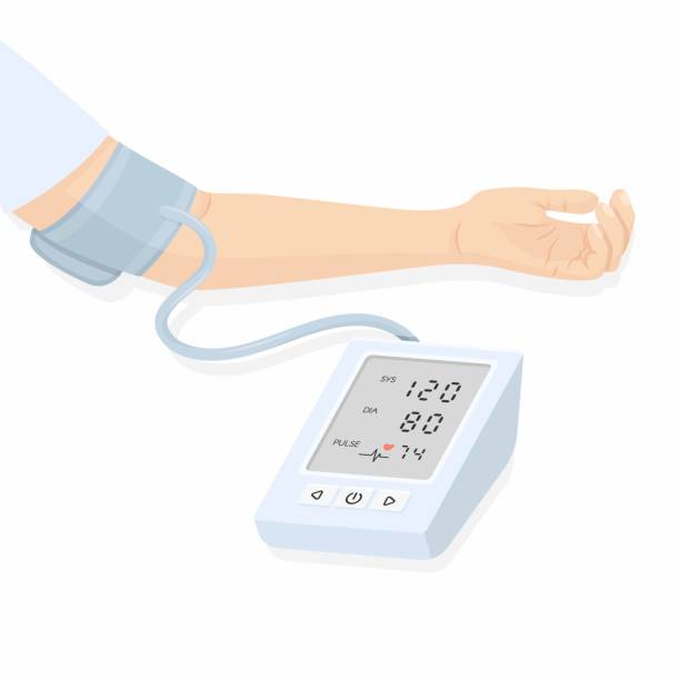 강수계와 혈압을 측정하는 사람의 손의 벡터 일러스트 - 고혈압의 stock illustrations
