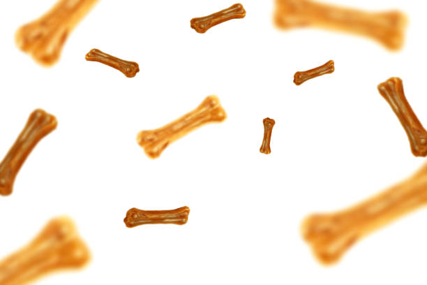 Flying falling dog food bones on white background stock photo