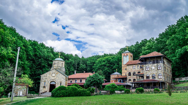istock Serbian Orthodox Monastery with cloudy sky. Big Orthodox Monastery in Serbia. 1321019682