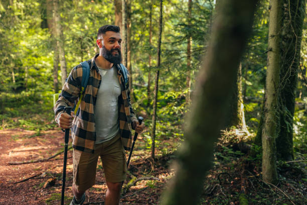 istock Man walking with hiking poles in the forest 1321022941