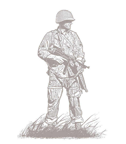 ilustraciones, imágenes clip art, dibujos animados e iconos de stock de soldado de la segunda guerra mundial en la playa de omaha - casco militar