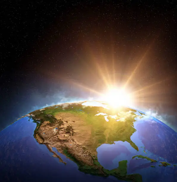 Surface of Planet Earth from space, focused on North America, USA. Sunrise, explosion, impact on the horizon. 3D illustration (Blender software), elements of this image furnished by NASA (https://eoimages.gsfc.nasa.gov/images/imagerecords/73000/73776/